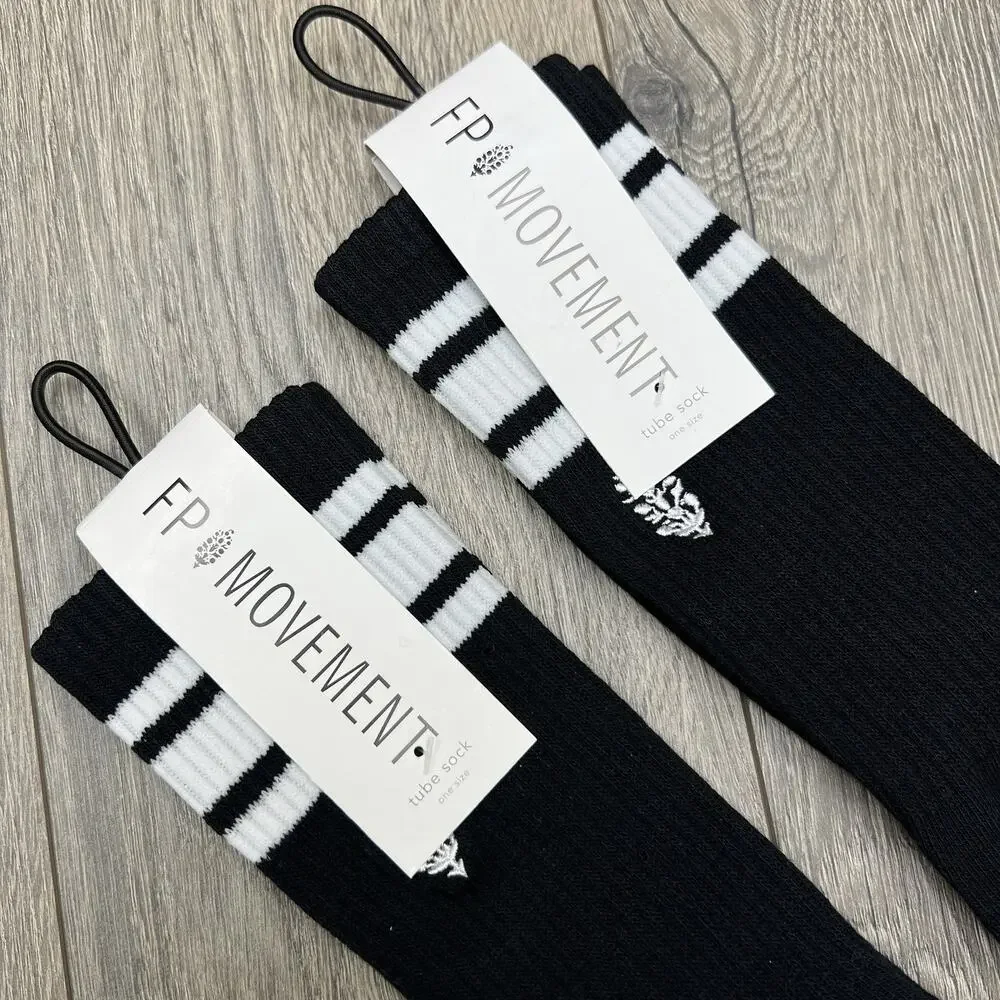 2 Pack Free People Movement Logo Stripe Tube Socks Black Lucky Honey One Size